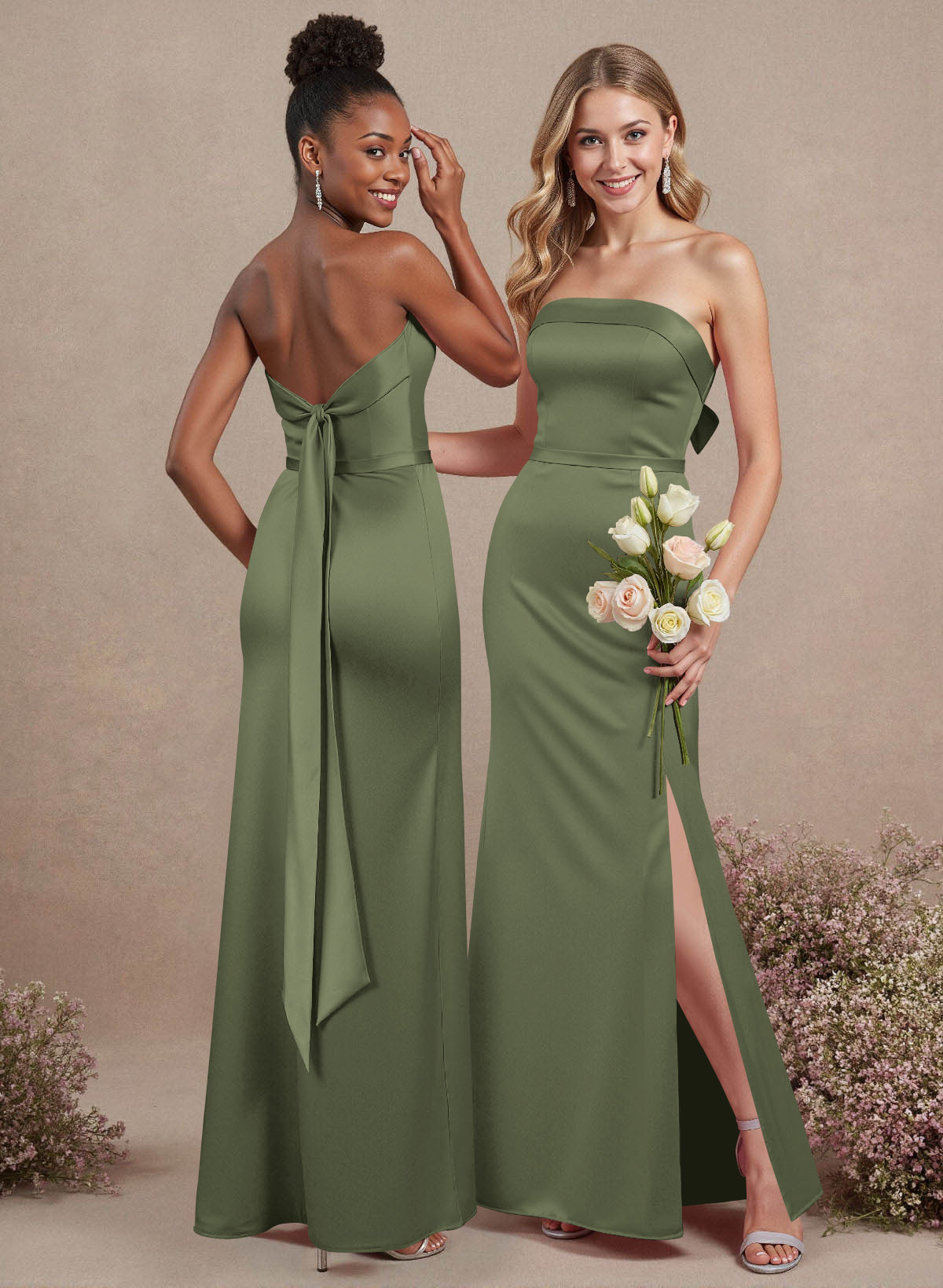A-Line Strapless Sleeveless Floor-Length Satin Bridesmaid Dresses With Bow(s), product image 120