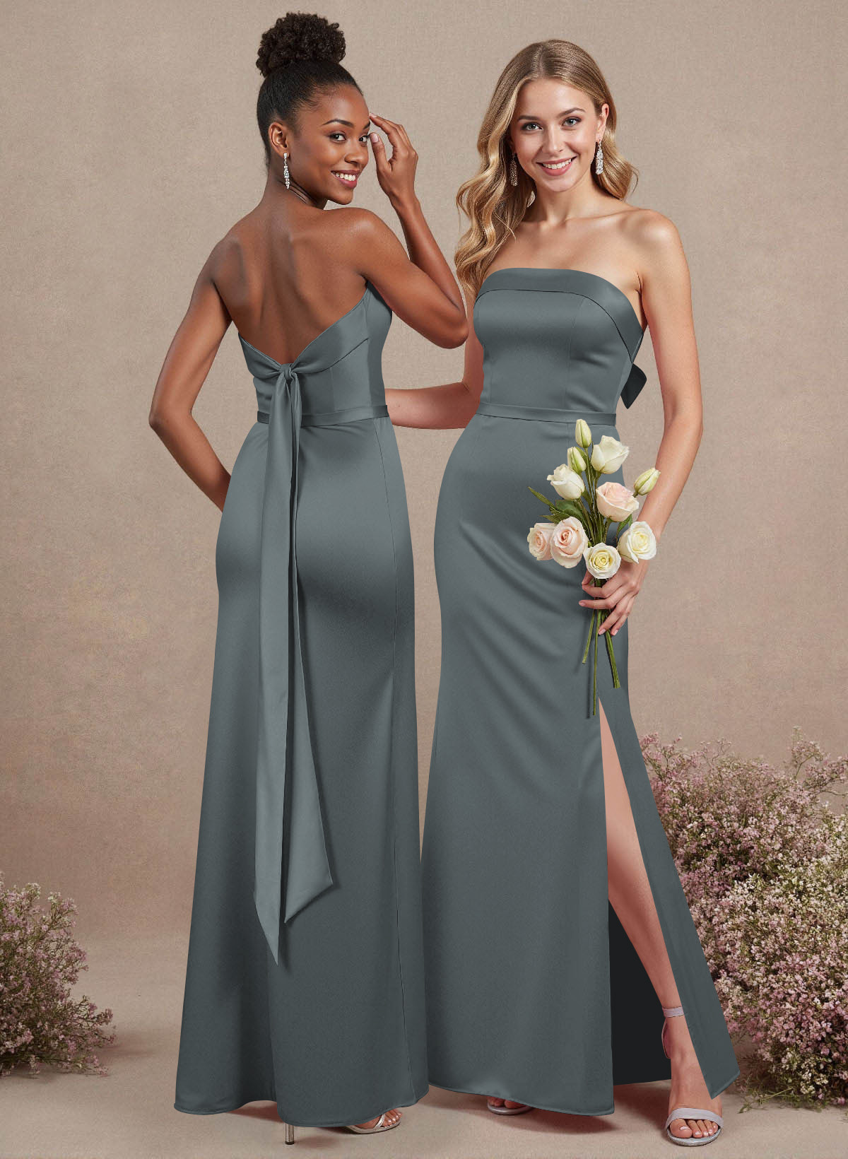 A-Line Strapless Sleeveless Floor-Length Satin Bridesmaid Dresses With Bow(s), product image 112