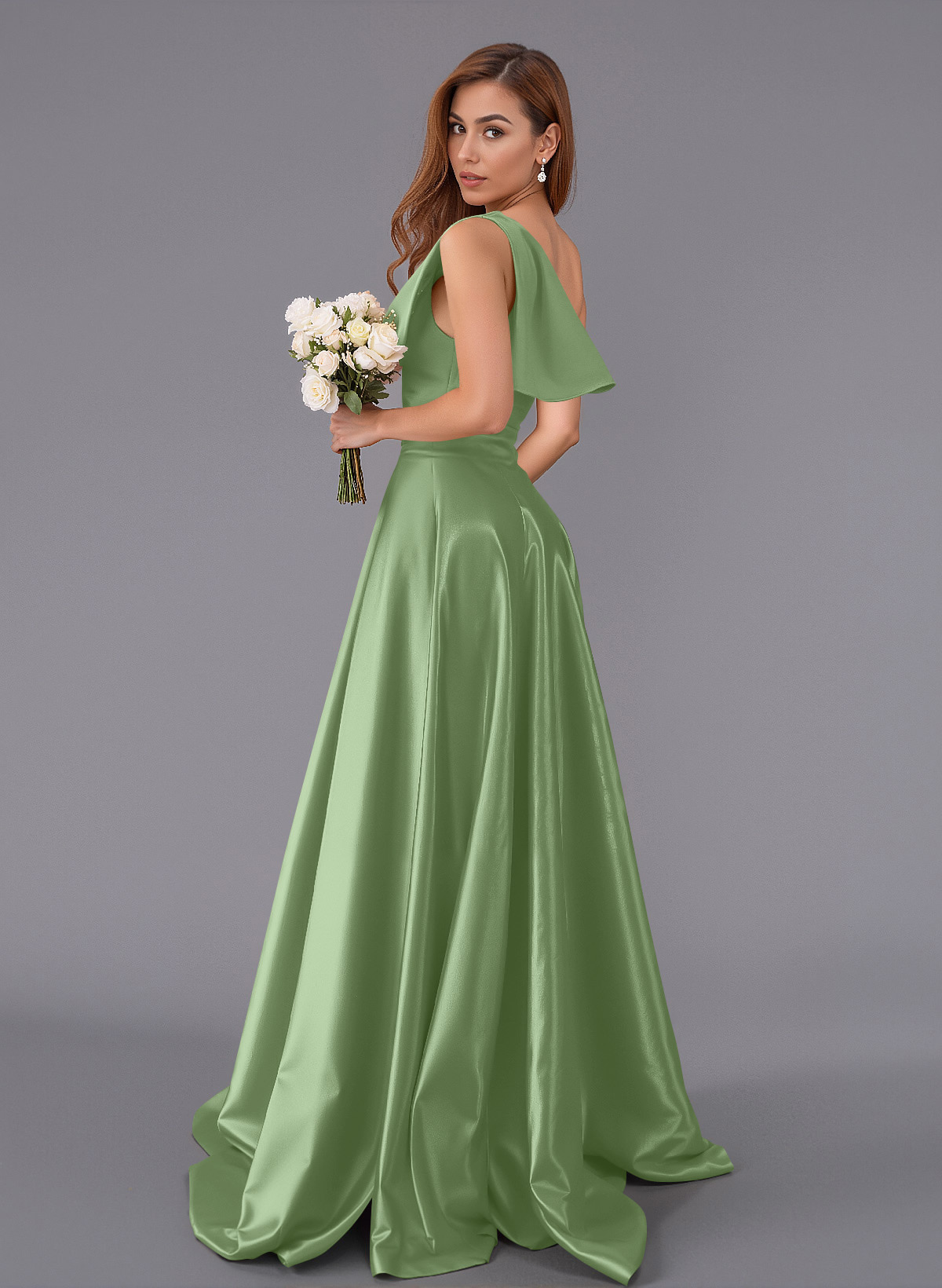 Classy Bow(s) One-Shoulder A-Line Sweep Train Satin Bridesmaid Dresses With Pockets, product image 54