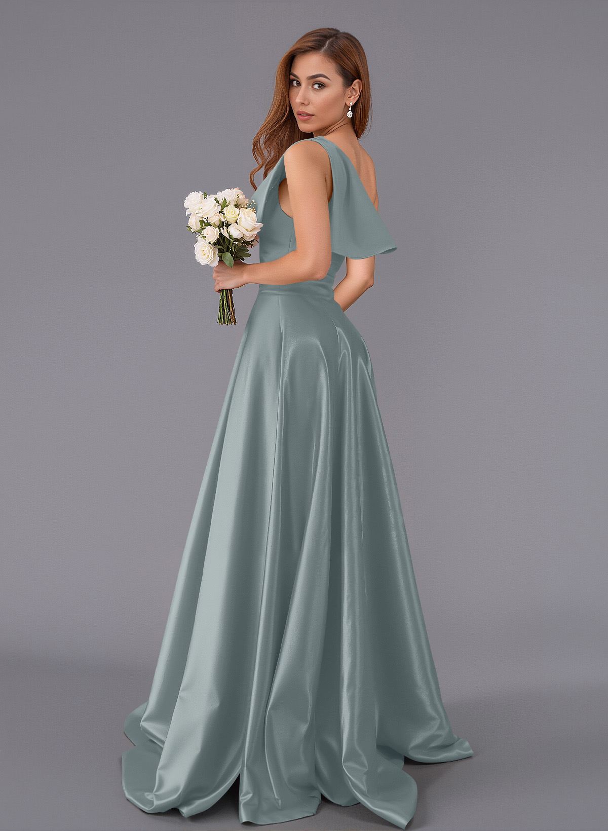 Classy Bow(s) One-Shoulder A-Line Sweep Train Satin Bridesmaid Dresses With Pockets, product image 132