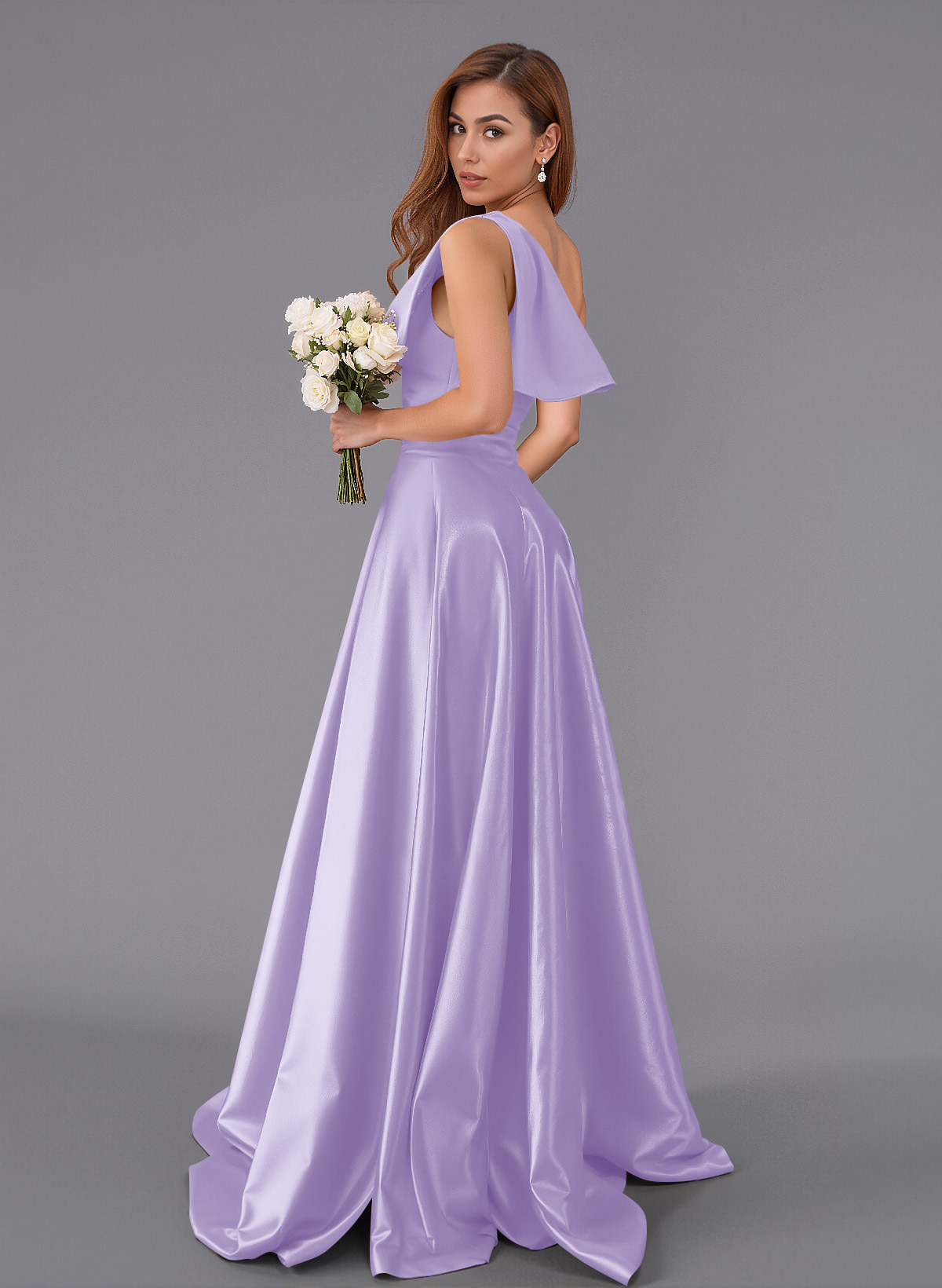 Classy Bow(s) One-Shoulder A-Line Sweep Train Satin Bridesmaid Dresses With Pockets, product image 76