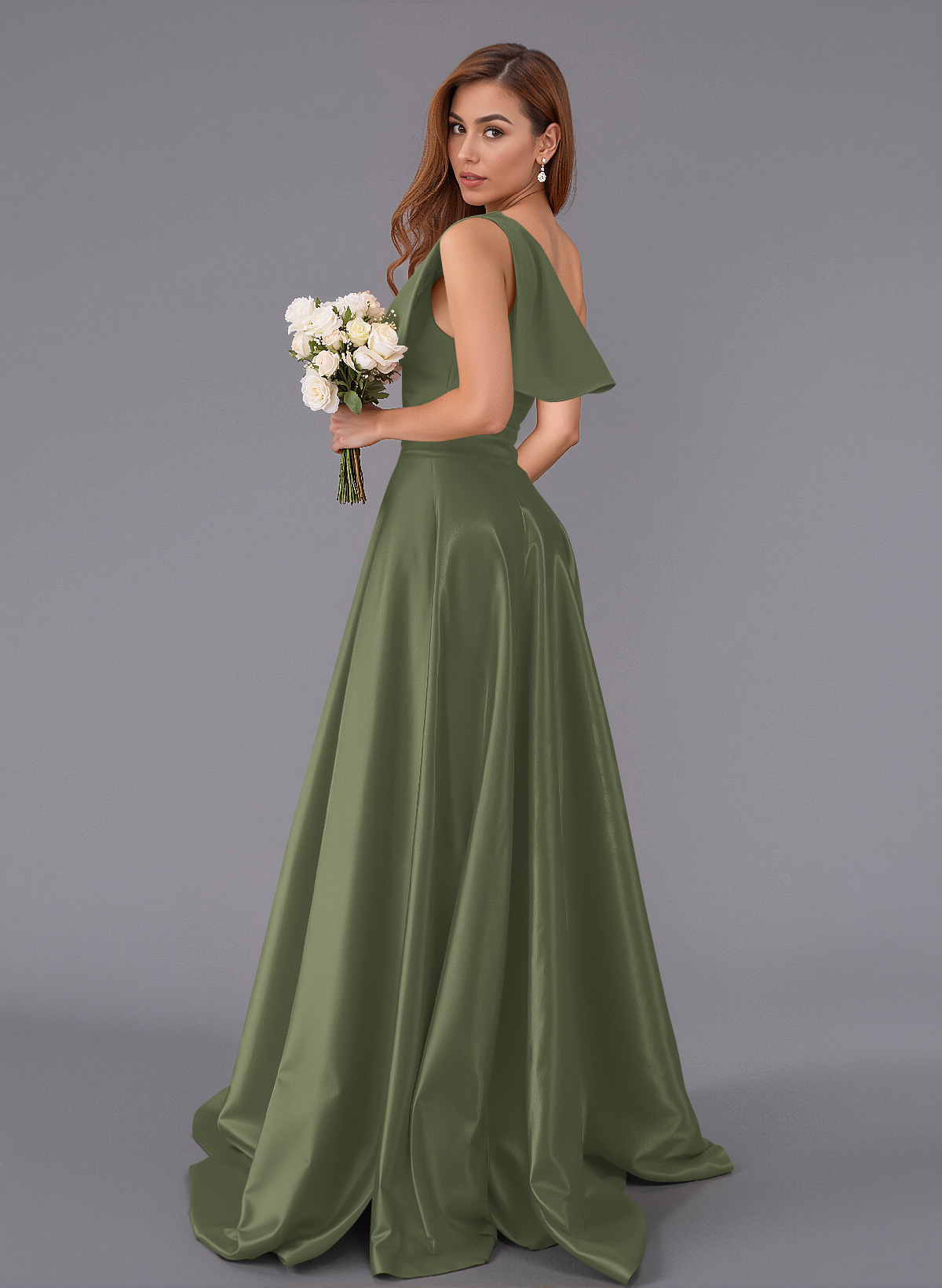 Classy Bow(s) One-Shoulder A-Line Sweep Train Satin Bridesmaid Dresses With Pockets, product image 18
