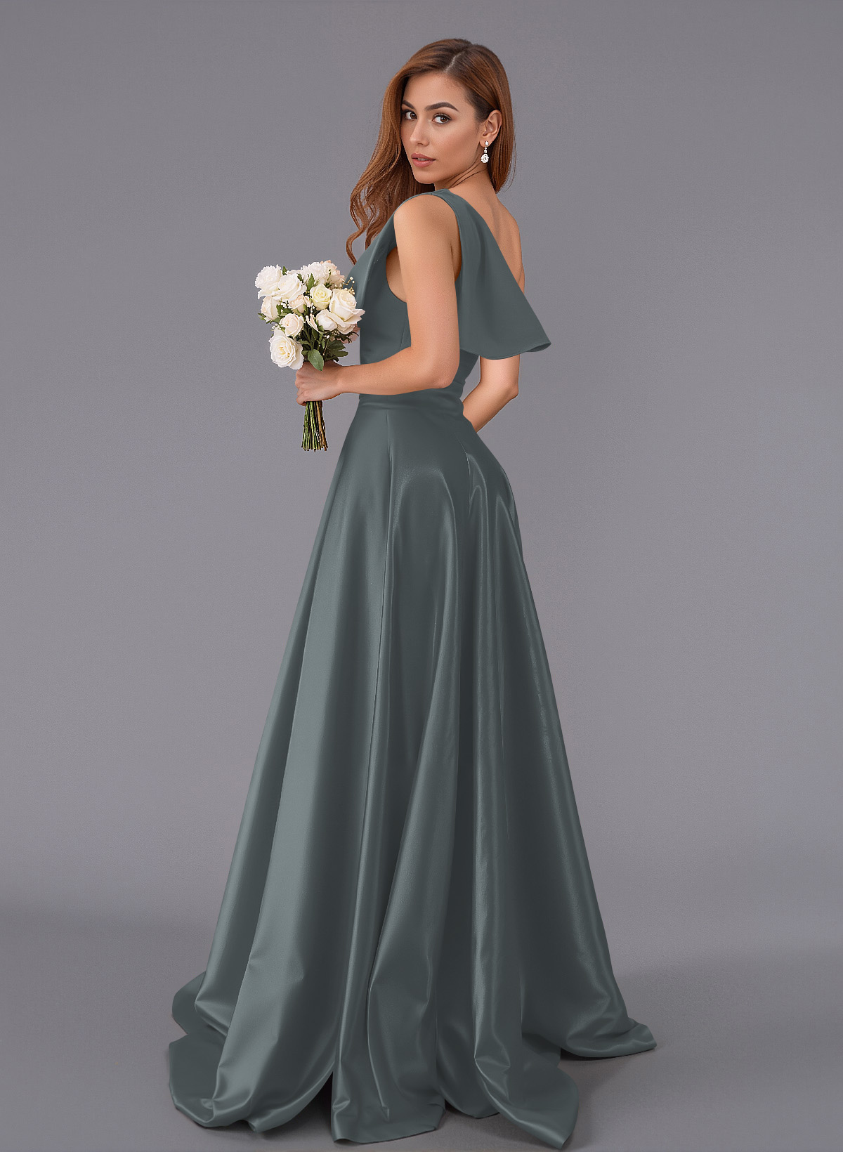 Classy Bow(s) One-Shoulder A-Line Sweep Train Satin Bridesmaid Dresses With Pockets, product image 26