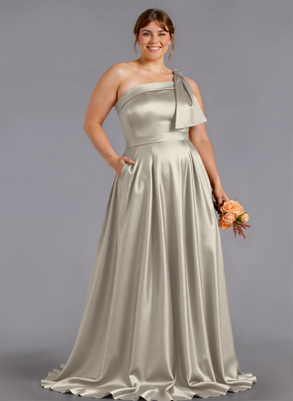 Classy Bow(s) One-Shoulder A-Line Sweep Train Satin Bridesmaid Dresses With Pockets, product image 152