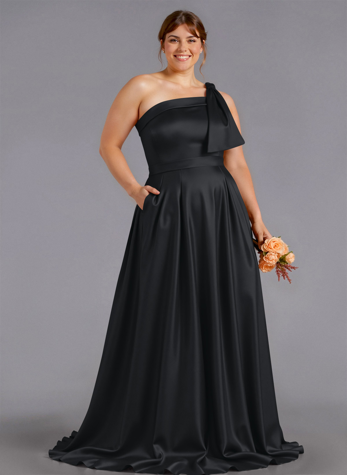 Classy Bow(s) One-Shoulder A-Line Sweep Train Satin Bridesmaid Dresses With Pockets, product image 160
