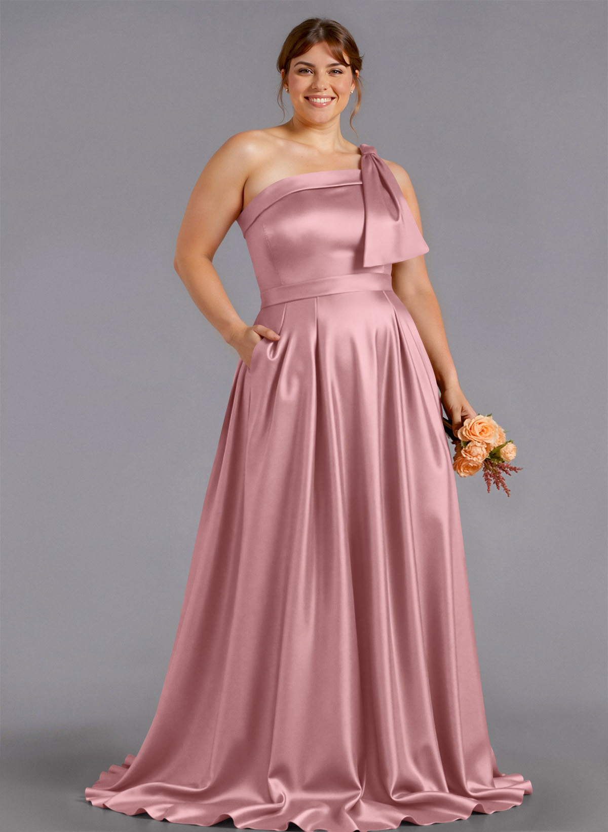 Classy Bow(s) One-Shoulder A-Line Sweep Train Satin Bridesmaid Dresses With Pockets, product image 230