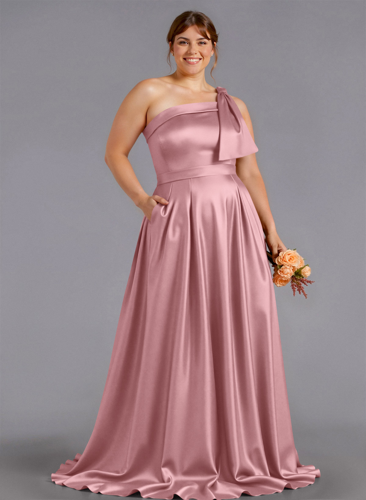 Classy Bow(s) One-Shoulder A-Line Sweep Train Satin Bridesmaid Dresses With Pockets, product image 230
