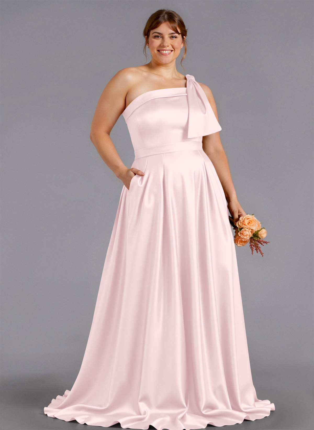 Classy Bow(s) One-Shoulder A-Line Sweep Train Satin Bridesmaid Dresses With Pockets, product image 224