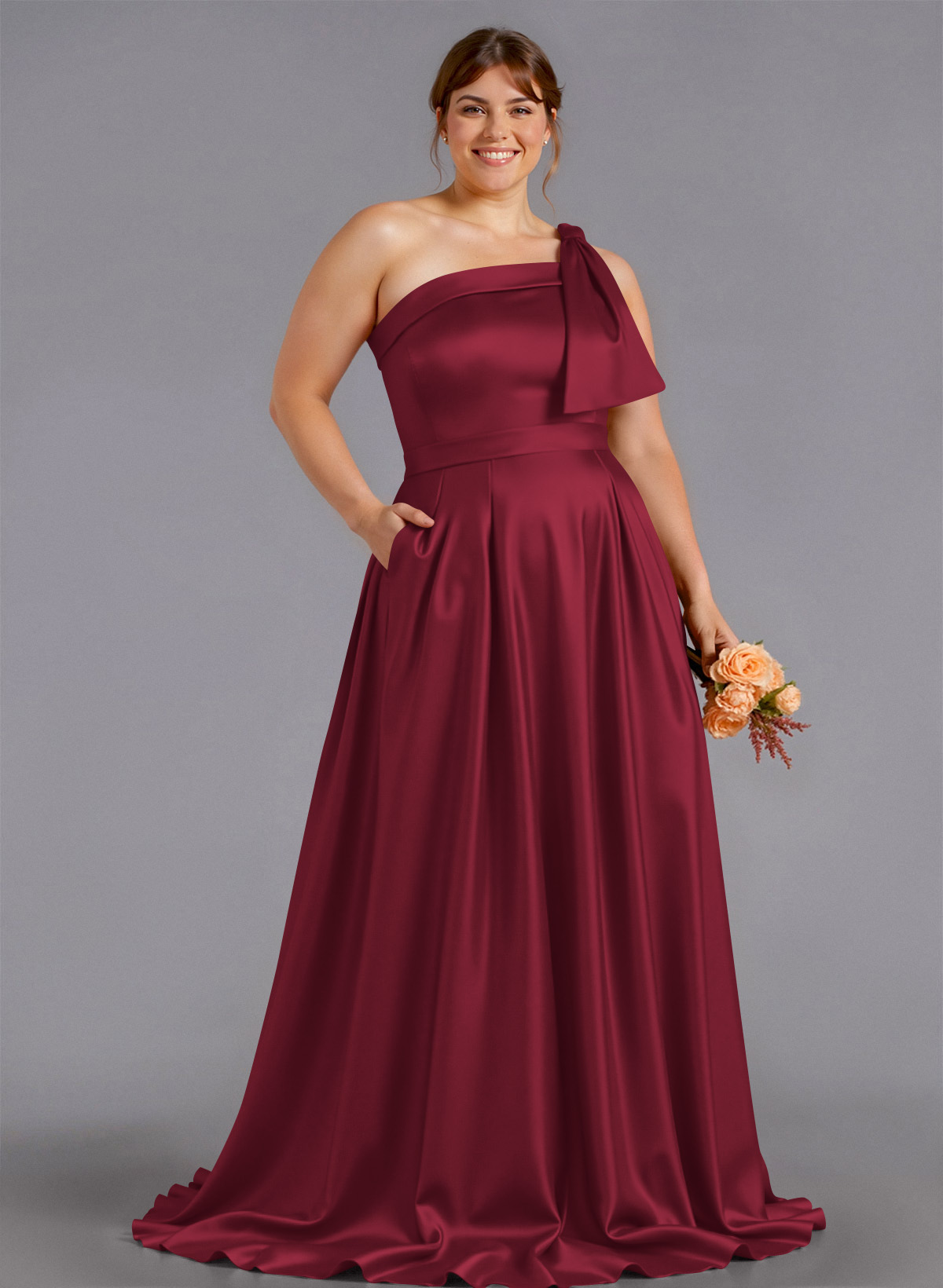 Classy Bow(s) One-Shoulder A-Line Sweep Train Satin Bridesmaid Dresses With Pockets, product image 246