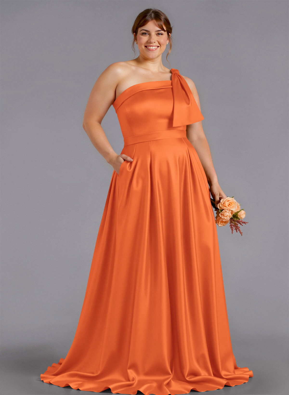 Classy Bow(s) One-Shoulder A-Line Sweep Train Satin Bridesmaid Dresses With Pockets, product image 138