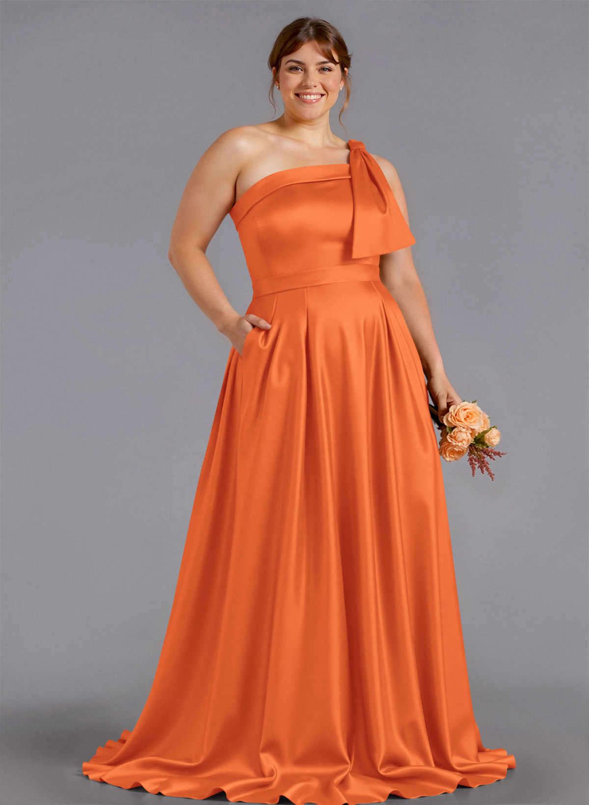 Classy Bow(s) One-Shoulder A-Line Sweep Train Satin Bridesmaid Dresses With Pockets, product image 138