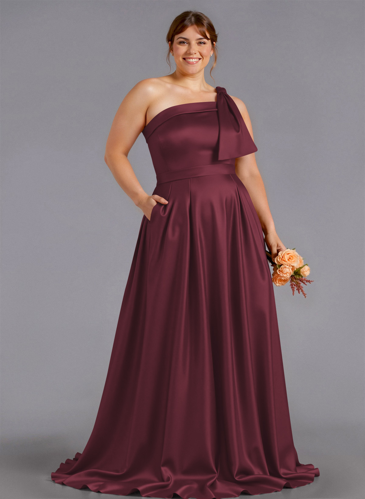 Classy Bow(s) One-Shoulder A-Line Sweep Train Satin Bridesmaid Dresses With Pockets, product image 248