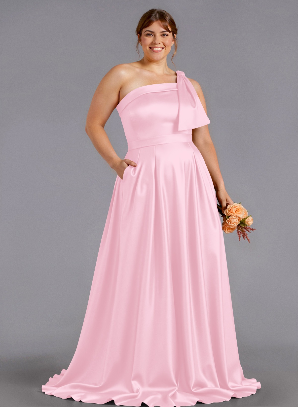 Classy Bow(s) One-Shoulder A-Line Sweep Train Satin Bridesmaid Dresses With Pockets, product image 222
