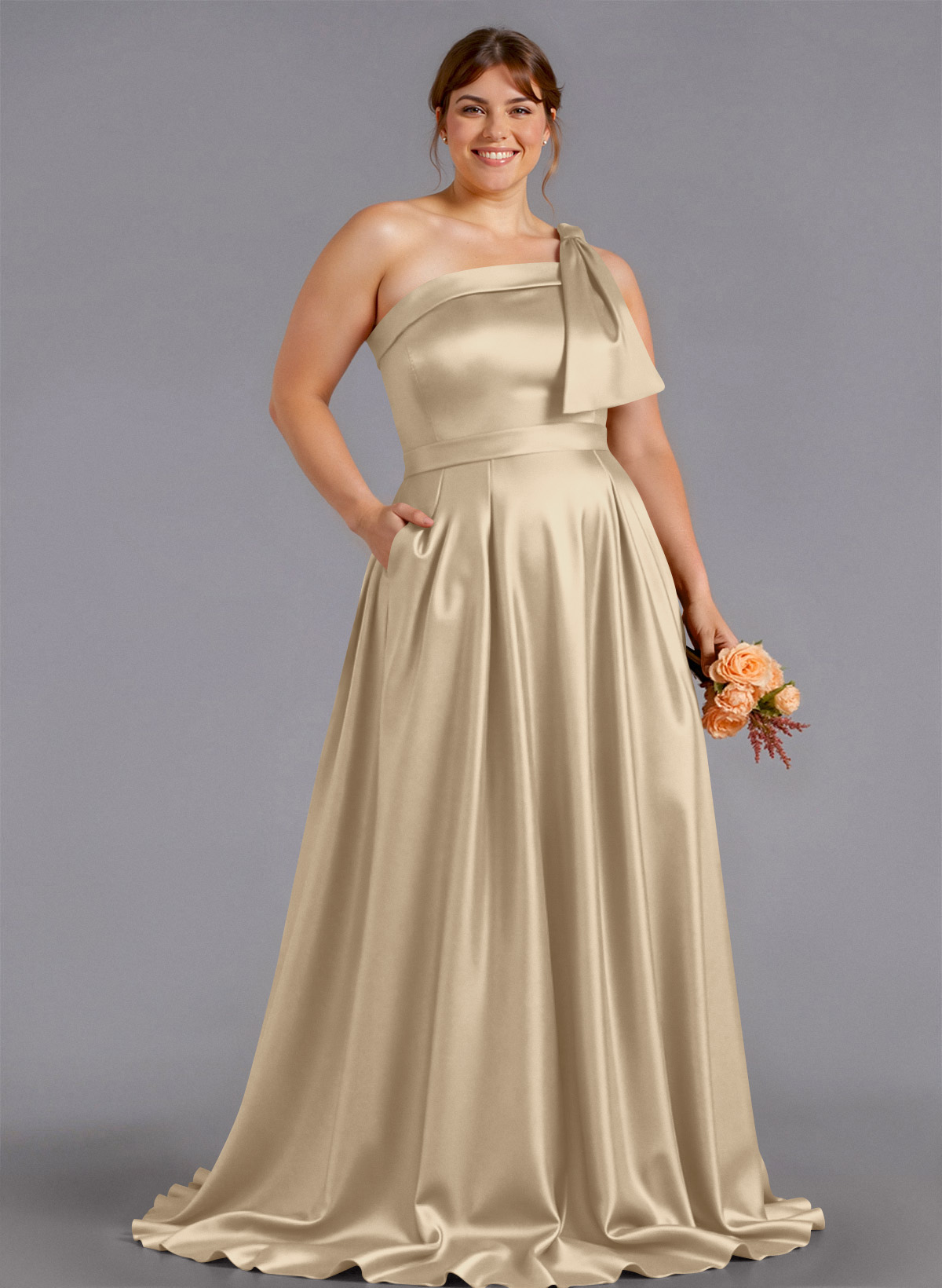Classy Bow(s) One-Shoulder A-Line Sweep Train Satin Bridesmaid Dresses With Pockets, product image 182