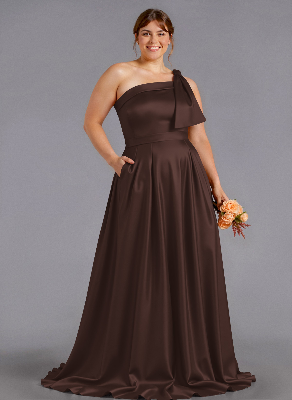 Classy Bow(s) One-Shoulder A-Line Sweep Train Satin Bridesmaid Dresses With Pockets, product image 170