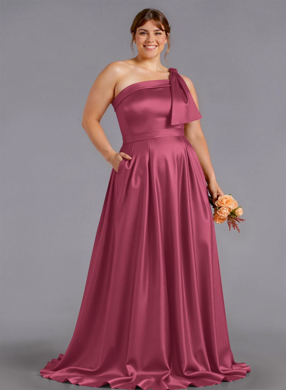 Classy Bow(s) One-Shoulder A-Line Sweep Train Satin Bridesmaid Dresses With Pockets, product image 244