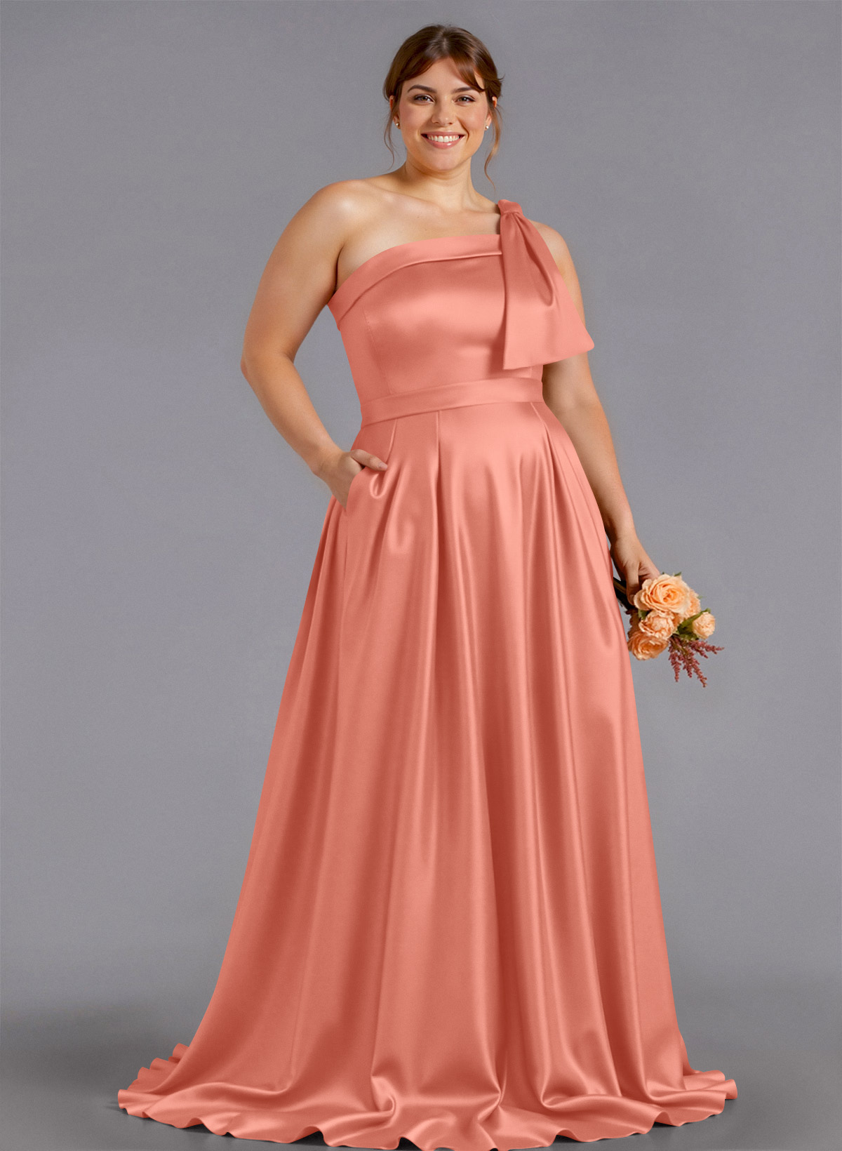 Classy Bow(s) One-Shoulder A-Line Sweep Train Satin Bridesmaid Dresses With Pockets, product image 226