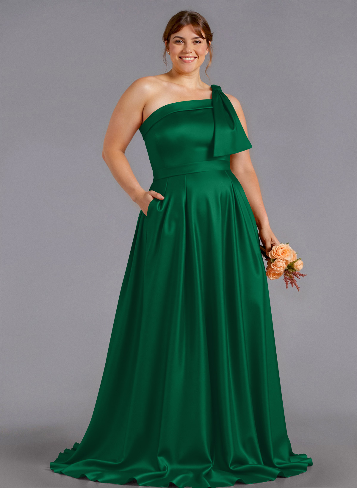 Classy Bow(s) One-Shoulder A-Line Sweep Train Satin Bridesmaid Dresses With Pockets, product image 198