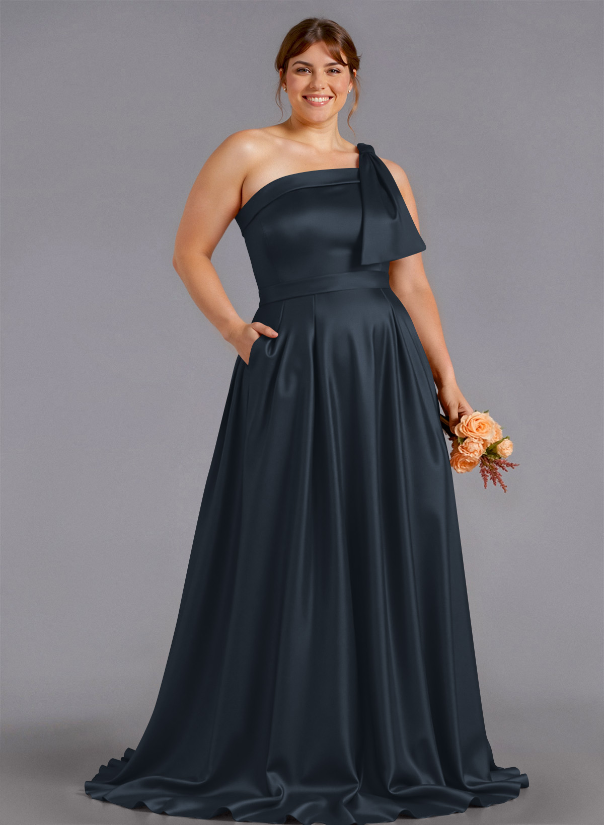 Classy Bow(s) One-Shoulder A-Line Sweep Train Satin Bridesmaid Dresses With Pockets, product image 272