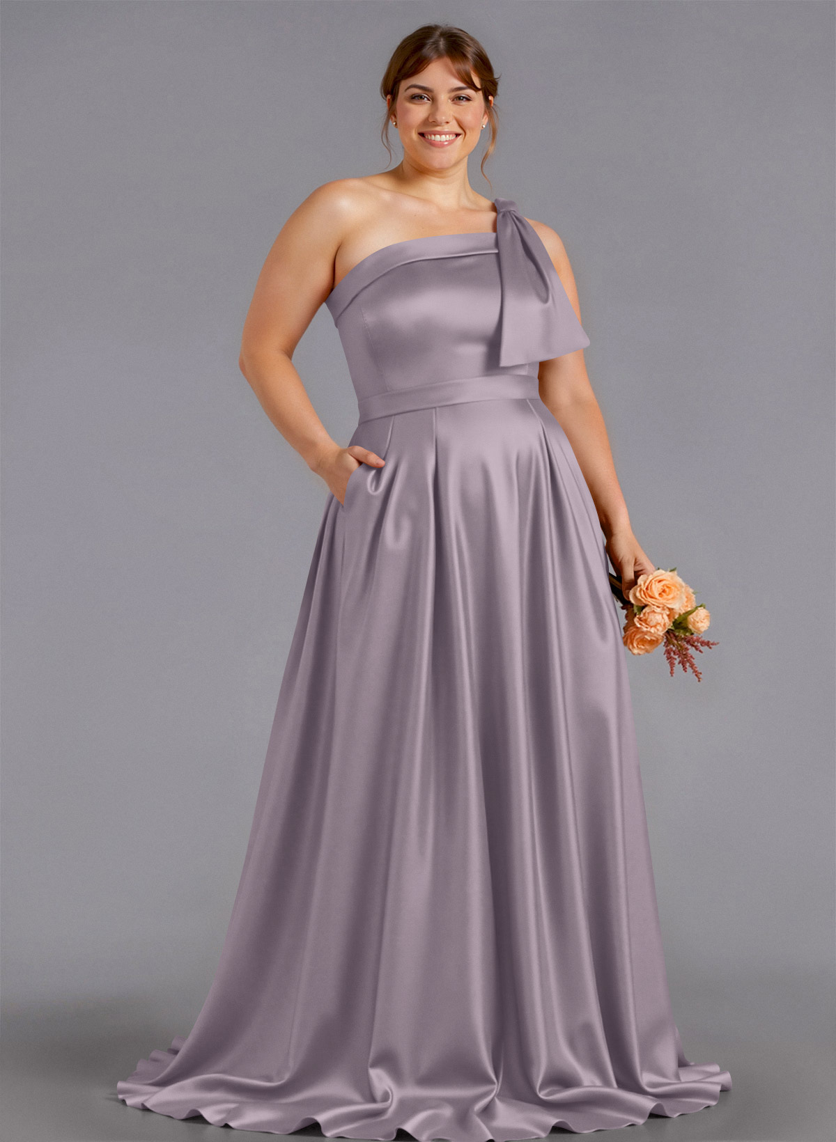 Classy Bow(s) One-Shoulder A-Line Sweep Train Satin Bridesmaid Dresses With Pockets, product image 220