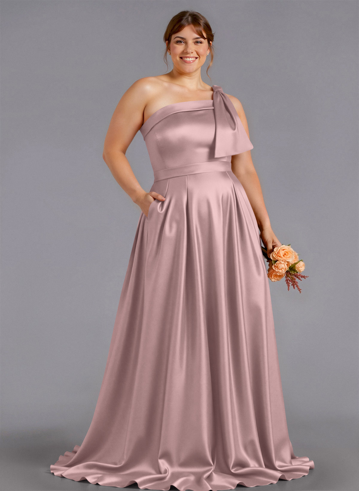 Classy Bow(s) One-Shoulder A-Line Sweep Train Satin Bridesmaid Dresses With Pockets, product image 234