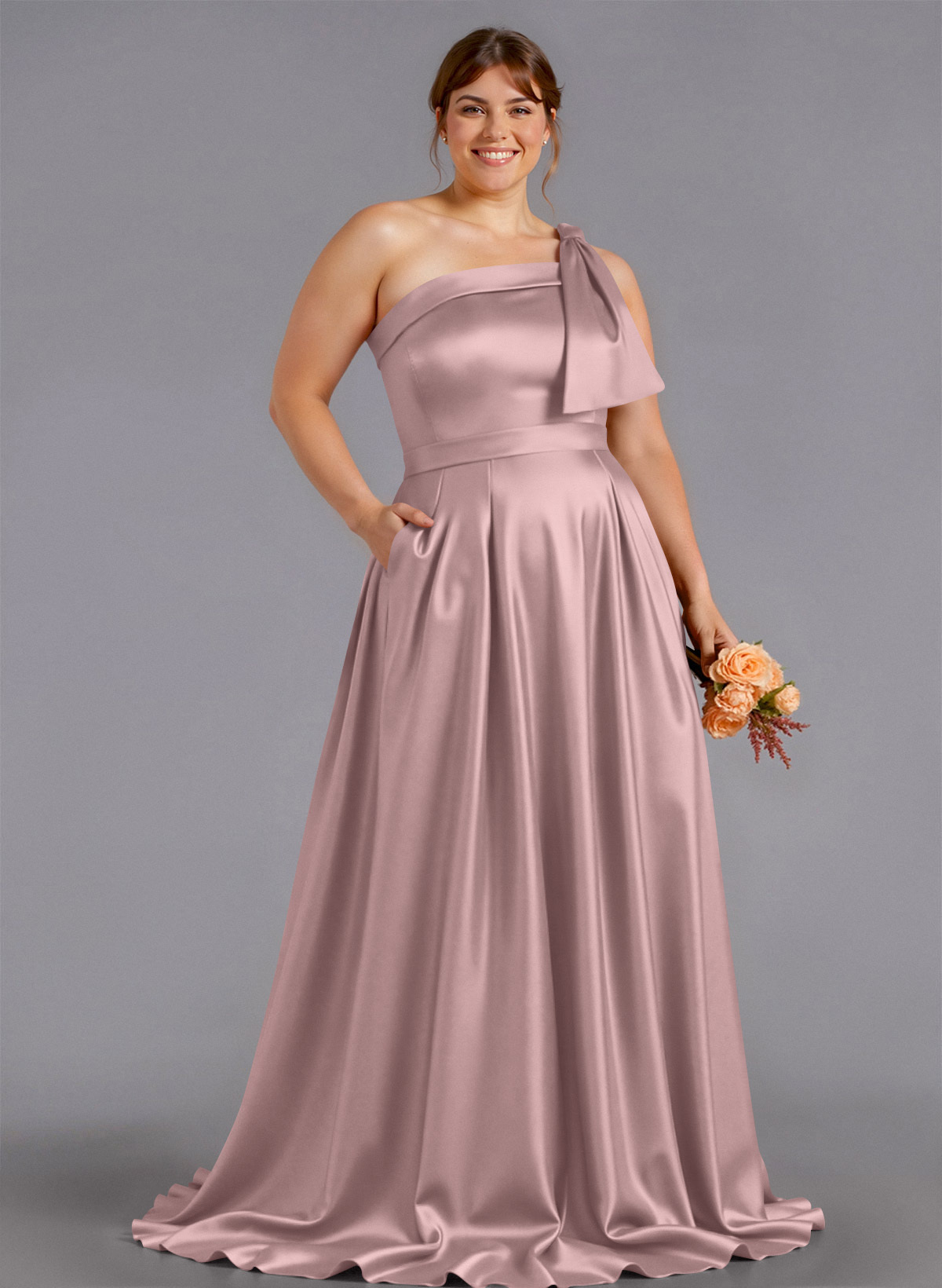 Classy Bow(s) One-Shoulder A-Line Sweep Train Satin Bridesmaid Dresses With Pockets, product image 234