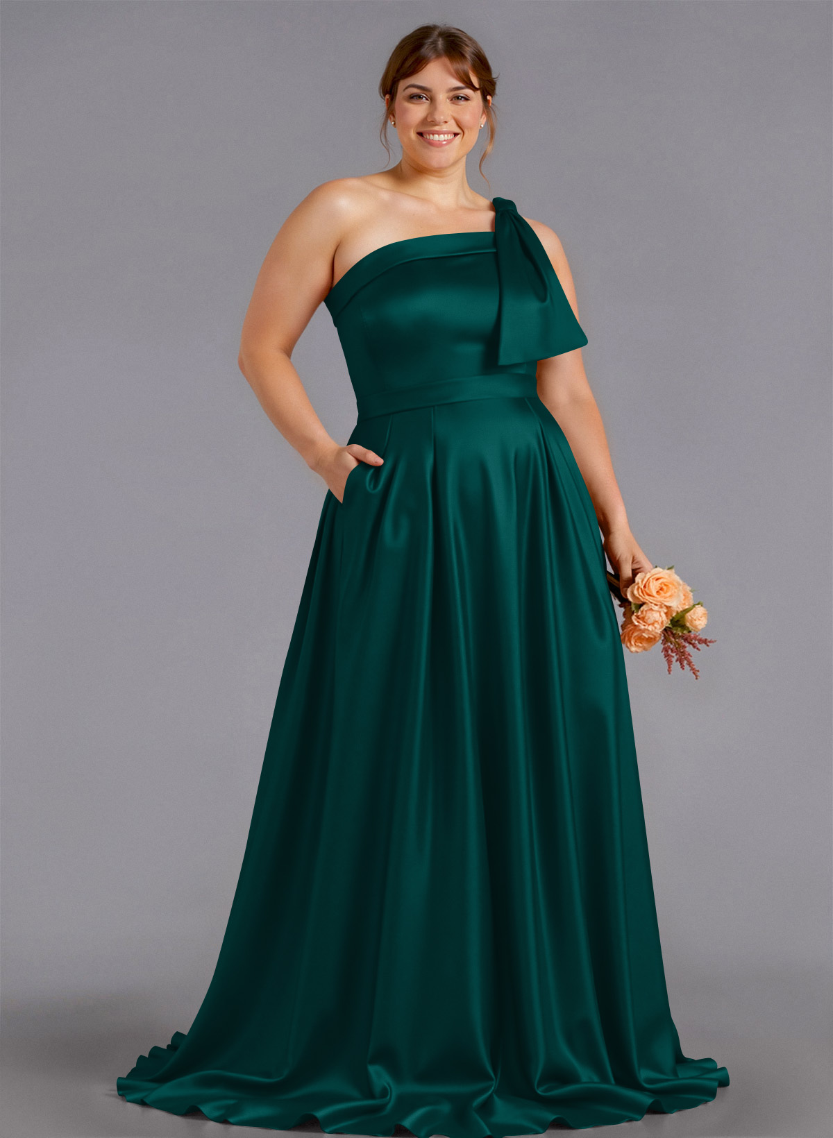 Classy Bow(s) One-Shoulder A-Line Sweep Train Satin Bridesmaid Dresses With Pockets, product image 146