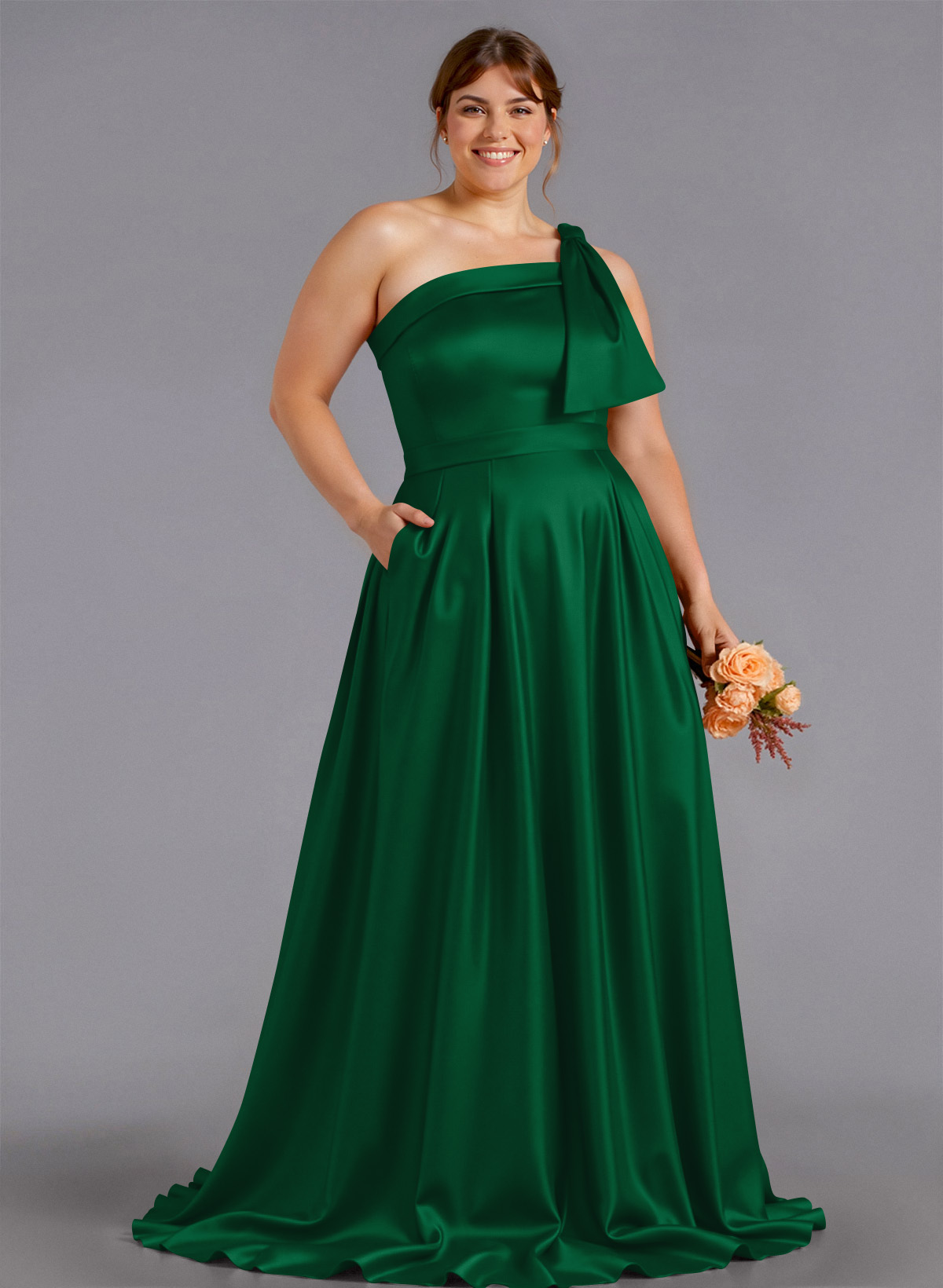 Classy Bow(s) One-Shoulder A-Line Sweep Train Satin Bridesmaid Dresses With Pockets, product image 150