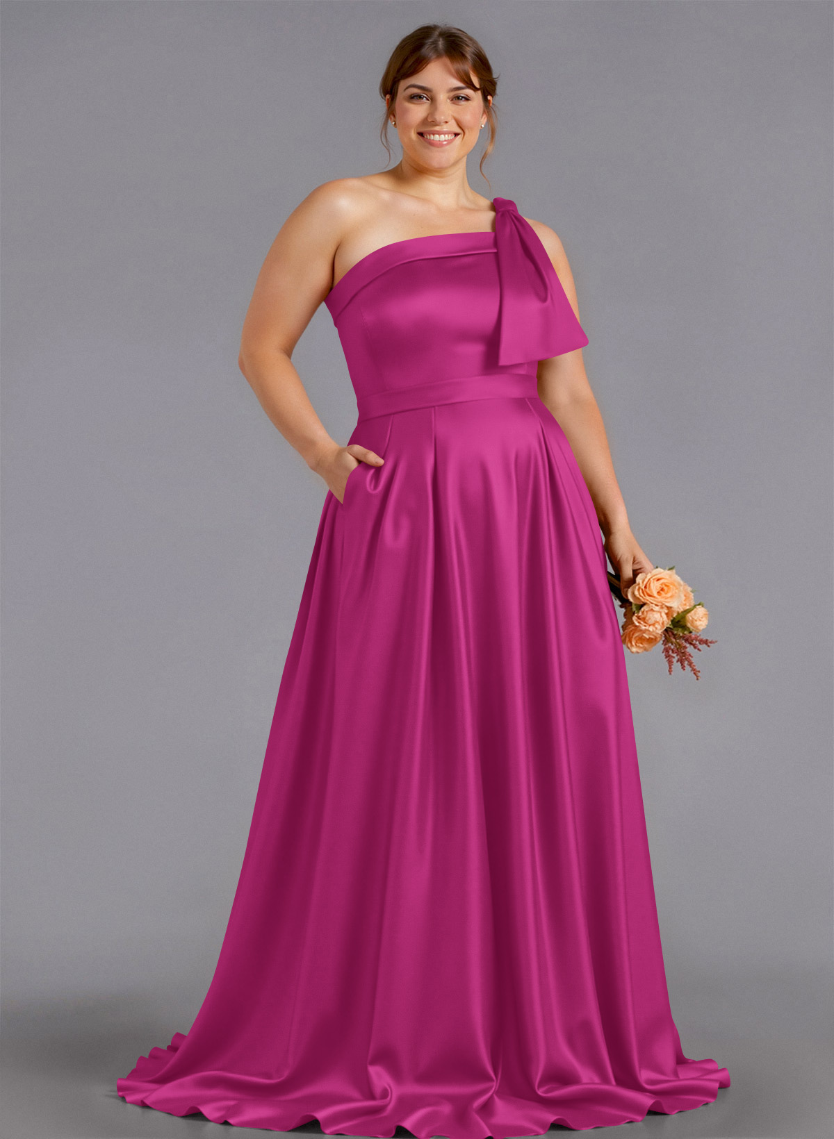 Classy Bow(s) One-Shoulder A-Line Sweep Train Satin Bridesmaid Dresses With Pockets, product image 202
