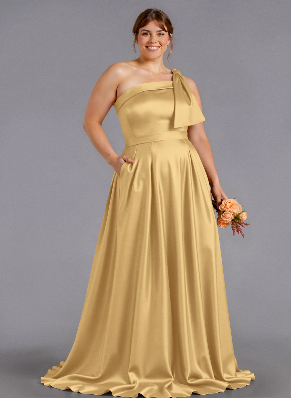 Classy Bow(s) One-Shoulder A-Line Sweep Train Satin Bridesmaid Dresses With Pockets, product image 176