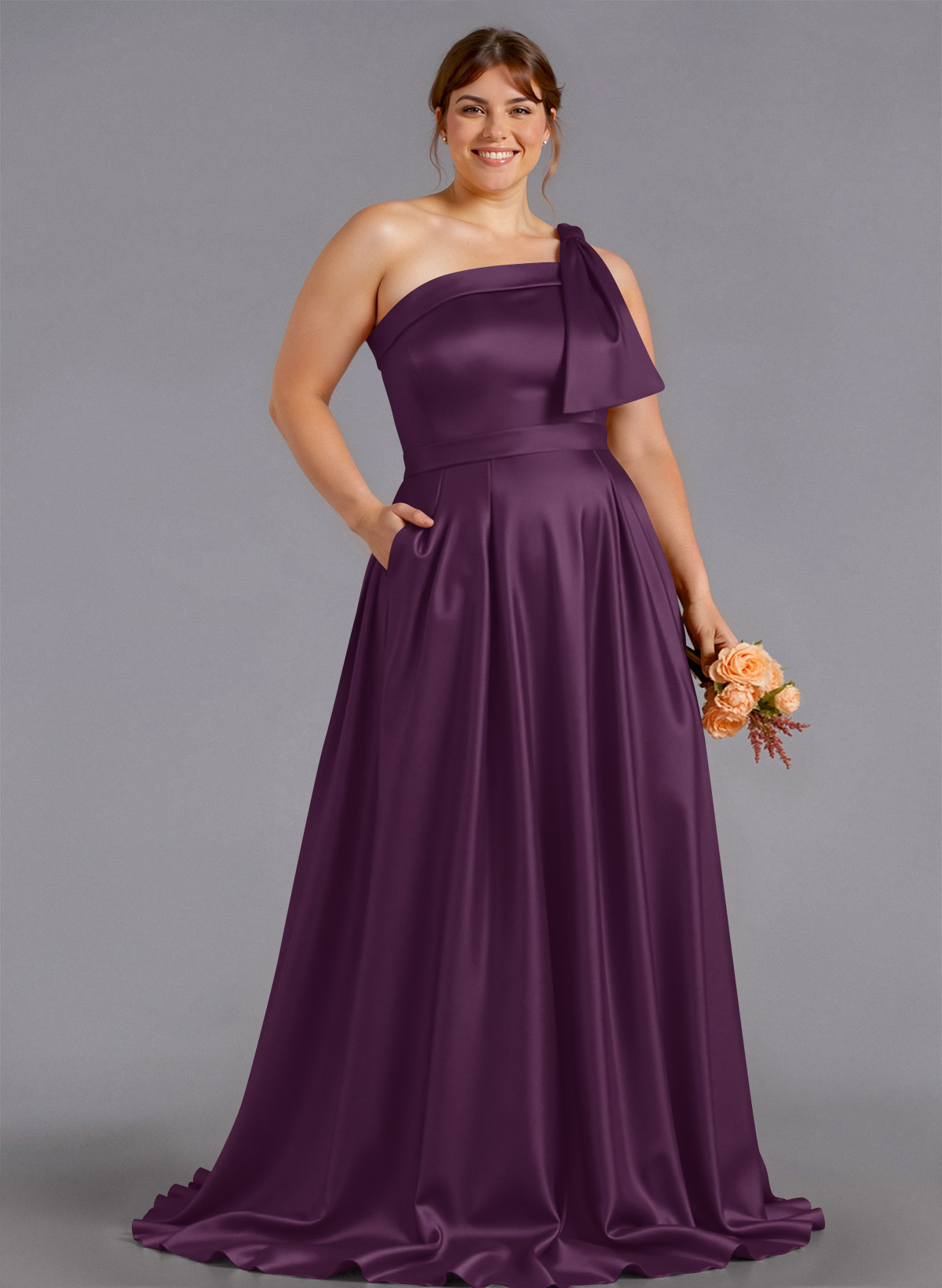 Classy Bow(s) One-Shoulder A-Line Sweep Train Satin Bridesmaid Dresses With Pockets, product image 206