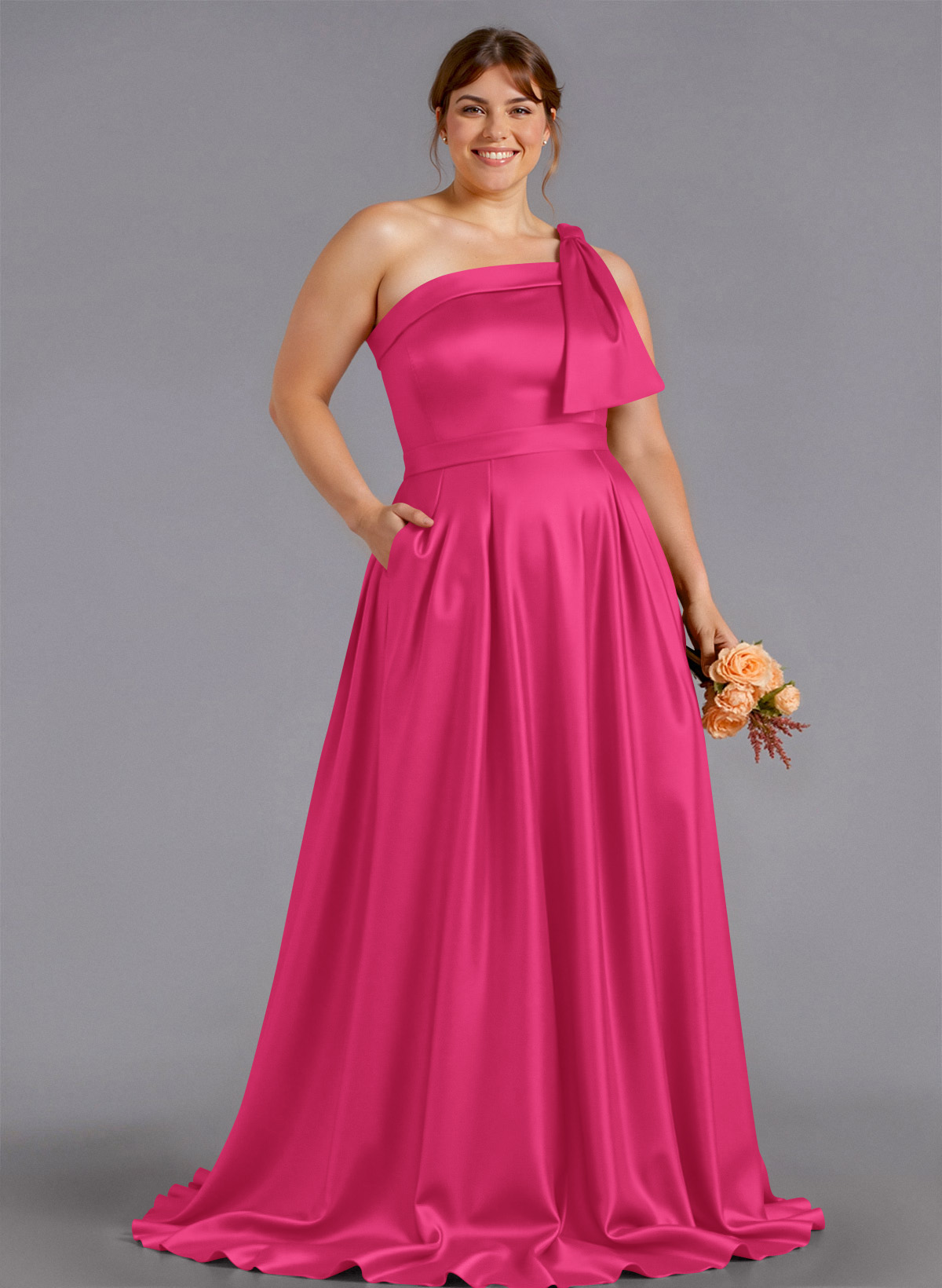 Classy Bow(s) One-Shoulder A-Line Sweep Train Satin Bridesmaid Dresses With Pockets, product image 158