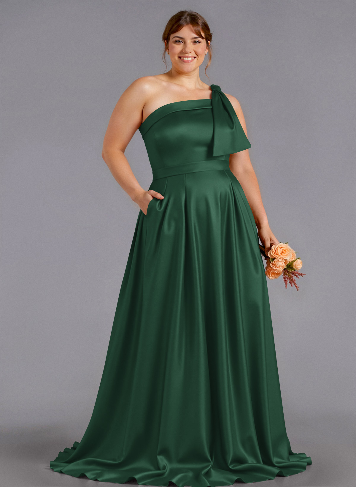 Classy Bow(s) One-Shoulder A-Line Sweep Train Satin Bridesmaid Dresses With Pockets, product image 196