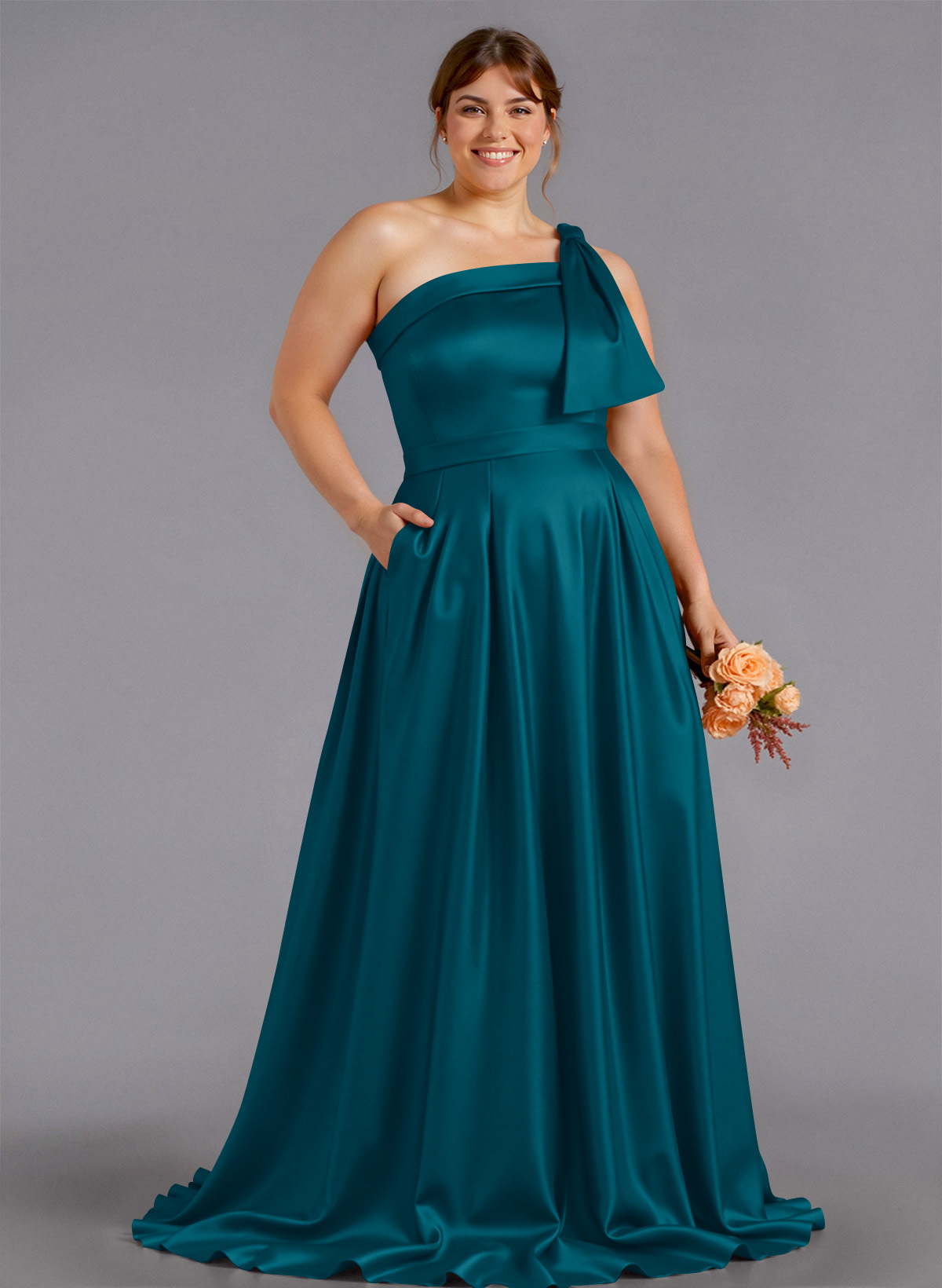 Classy Bow(s) One-Shoulder A-Line Sweep Train Satin Bridesmaid Dresses With Pockets, product image 262