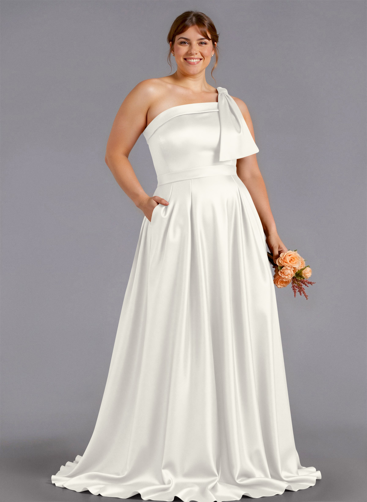 Classy Bow(s) One-Shoulder A-Line Sweep Train Satin Bridesmaid Dresses With Pockets, product image 168
