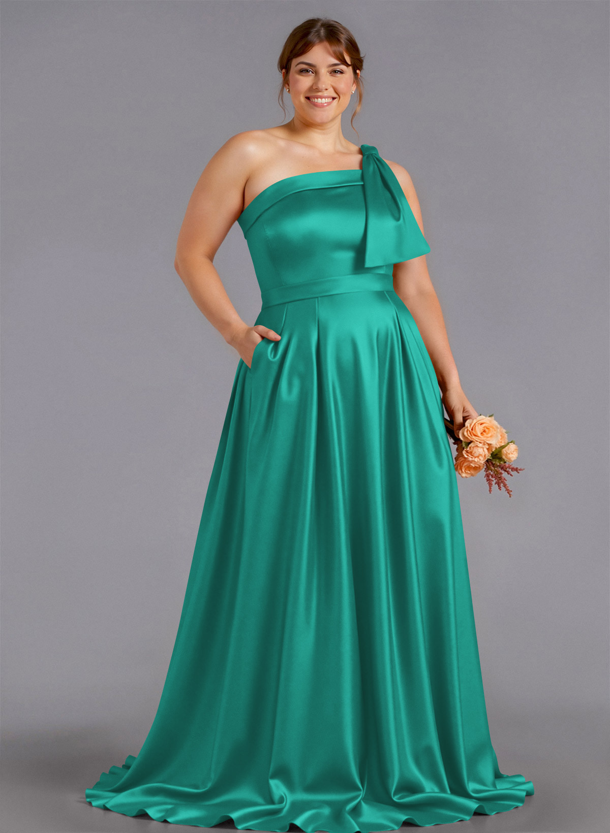 Classy Bow(s) One-Shoulder A-Line Sweep Train Satin Bridesmaid Dresses With Pockets, product image 192