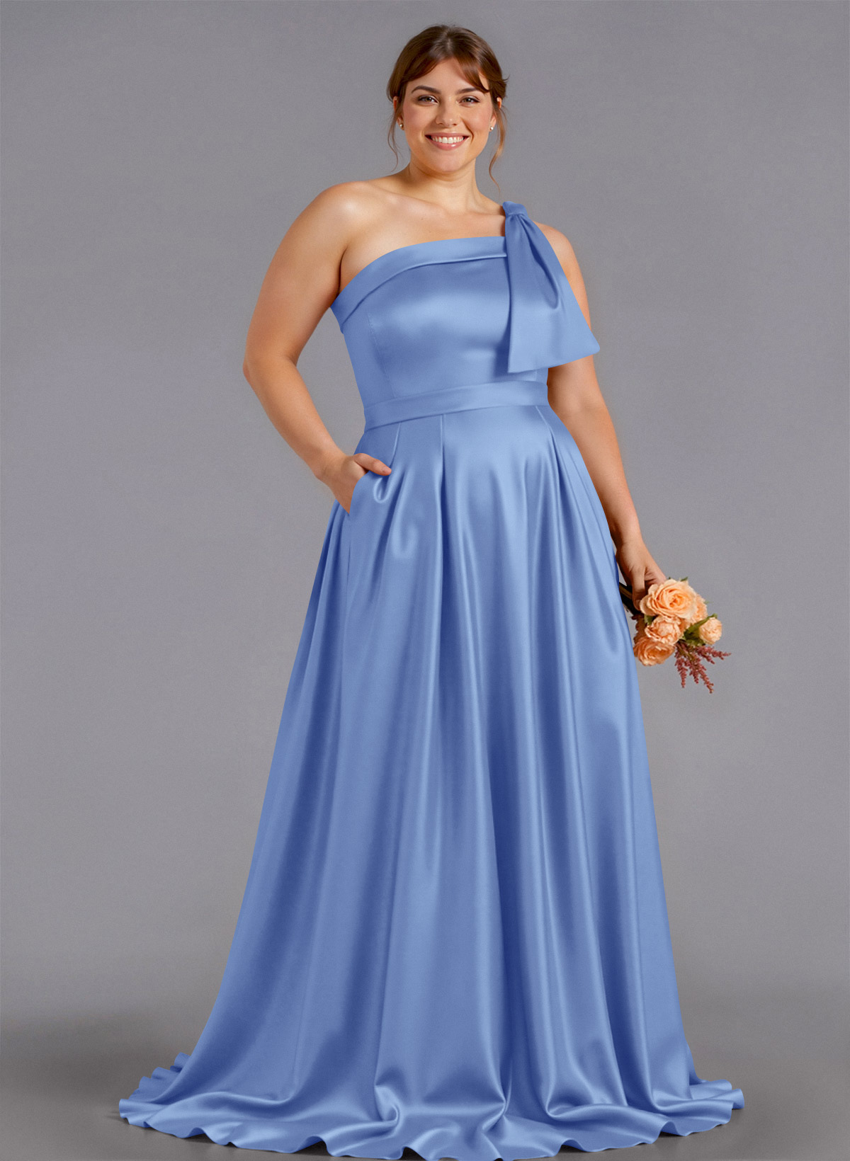 Classy Bow(s) One-Shoulder A-Line Sweep Train Satin Bridesmaid Dresses With Pockets, product image 254