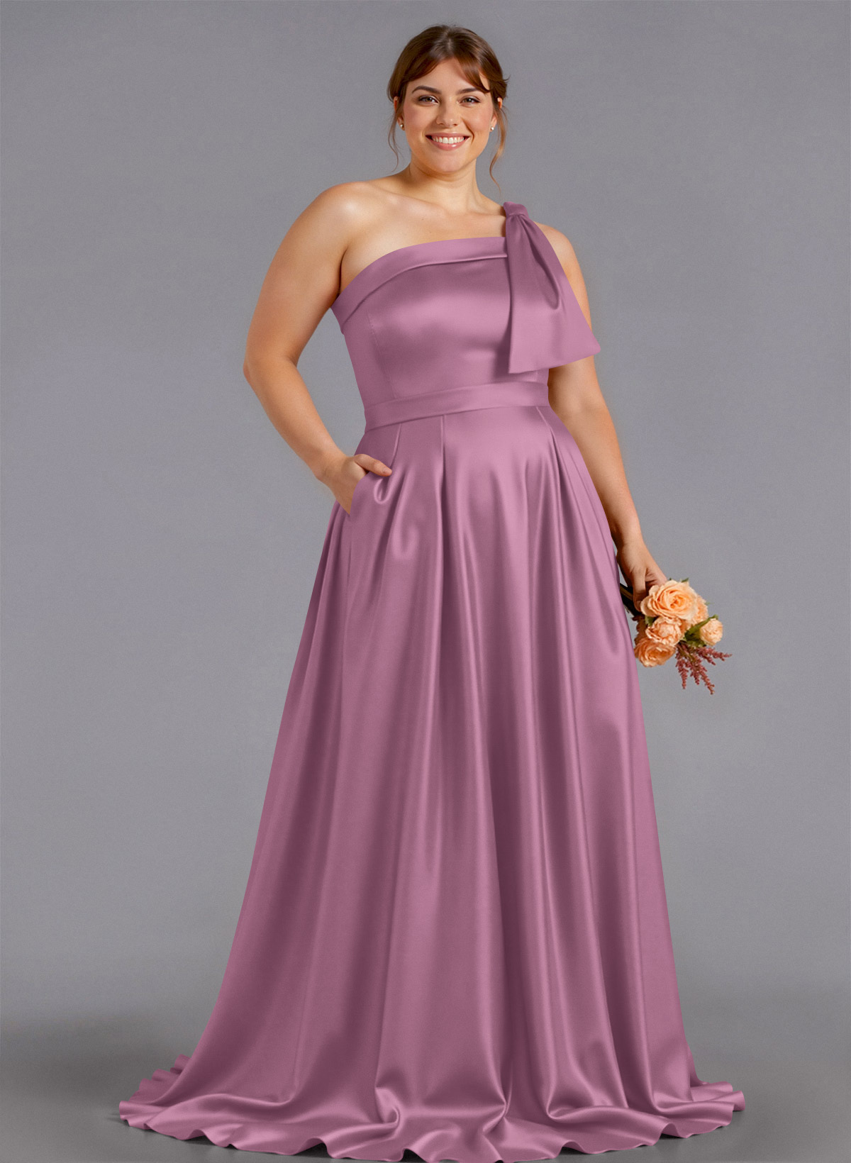 Classy Bow(s) One-Shoulder A-Line Sweep Train Satin Bridesmaid Dresses With Pockets, product image 214