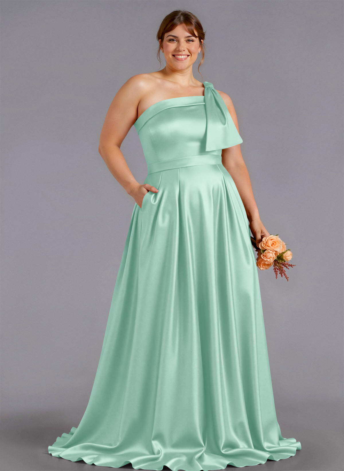 Classy Bow(s) One-Shoulder A-Line Sweep Train Satin Bridesmaid Dresses With Pockets, product image 186