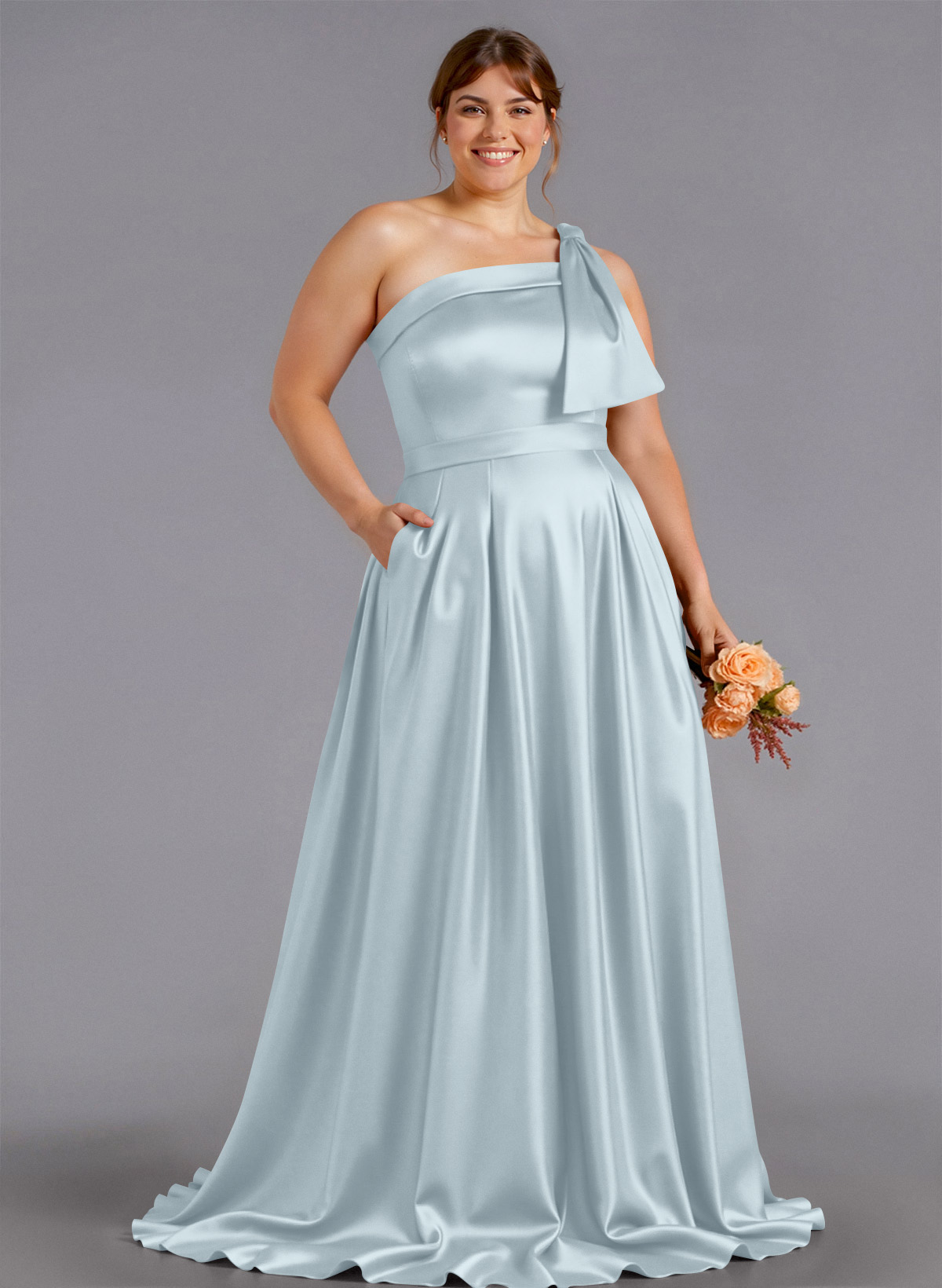 Classy Bow(s) One-Shoulder A-Line Sweep Train Satin Bridesmaid Dresses With Pockets, product image 250