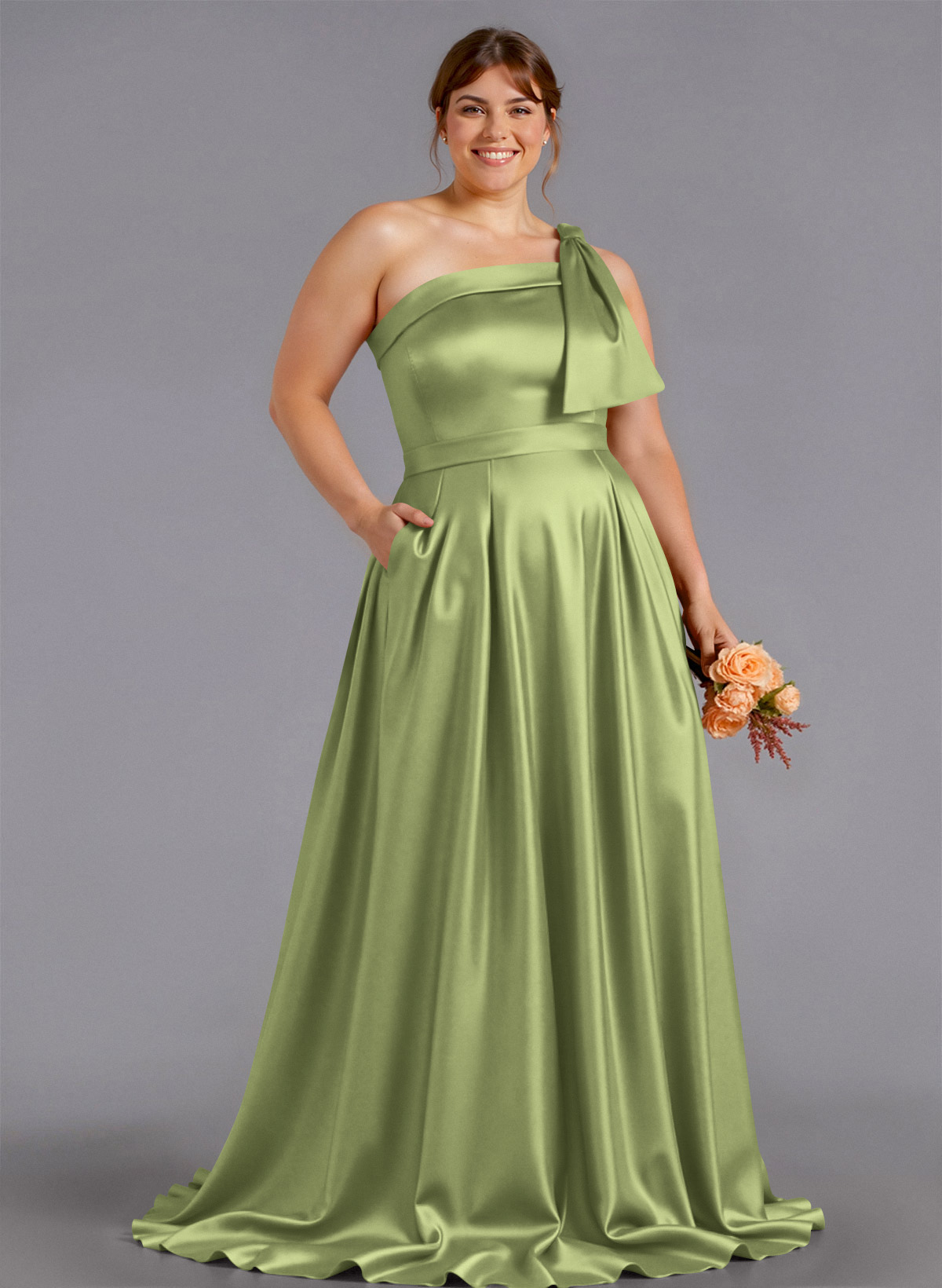 Classy Bow(s) One-Shoulder A-Line Sweep Train Satin Bridesmaid Dresses With Pockets, product image 144