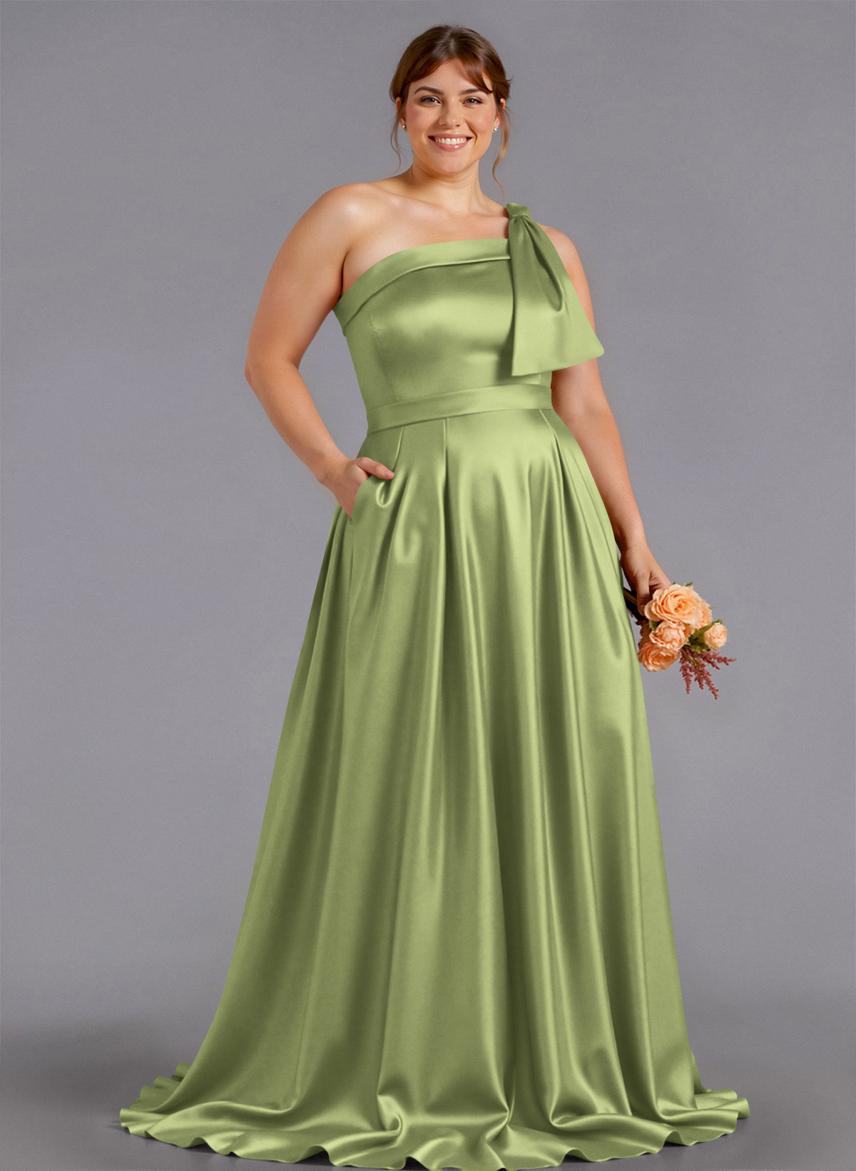 Classy Bow(s) One-Shoulder A-Line Sweep Train Satin Bridesmaid Dresses With Pockets, product image 144