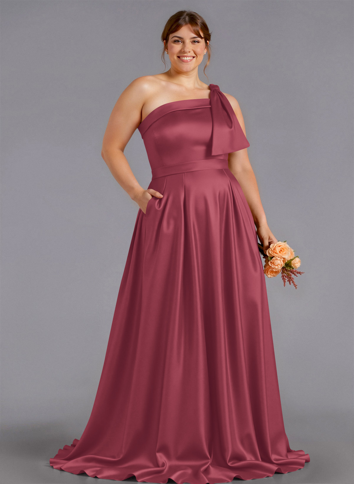 Classy Bow(s) One-Shoulder A-Line Sweep Train Satin Bridesmaid Dresses With Pockets, product image 242