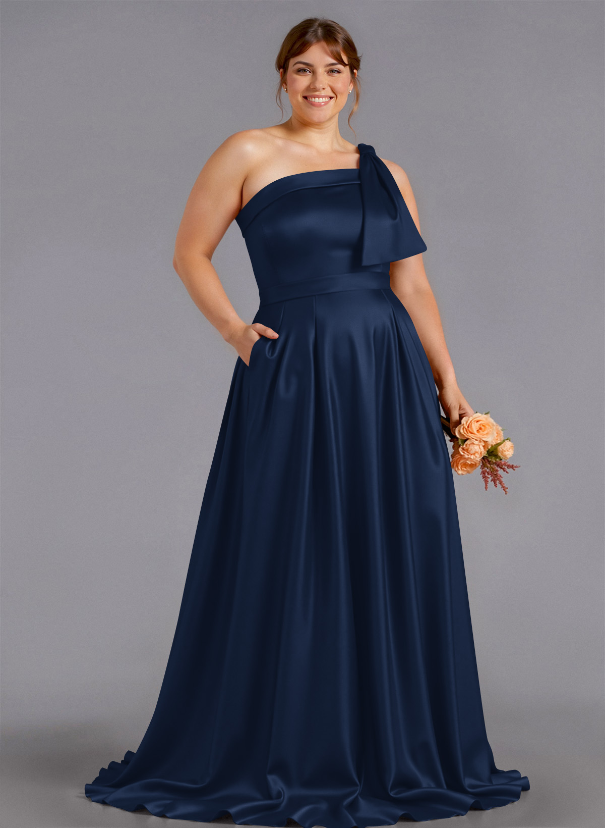 Classy Bow(s) One-Shoulder A-Line Sweep Train Satin Bridesmaid Dresses With Pockets, product image 270