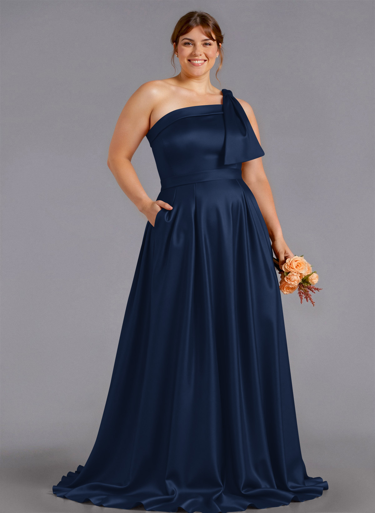 Classy Bow(s) One-Shoulder A-Line Sweep Train Satin Bridesmaid Dresses With Pockets, product image 270