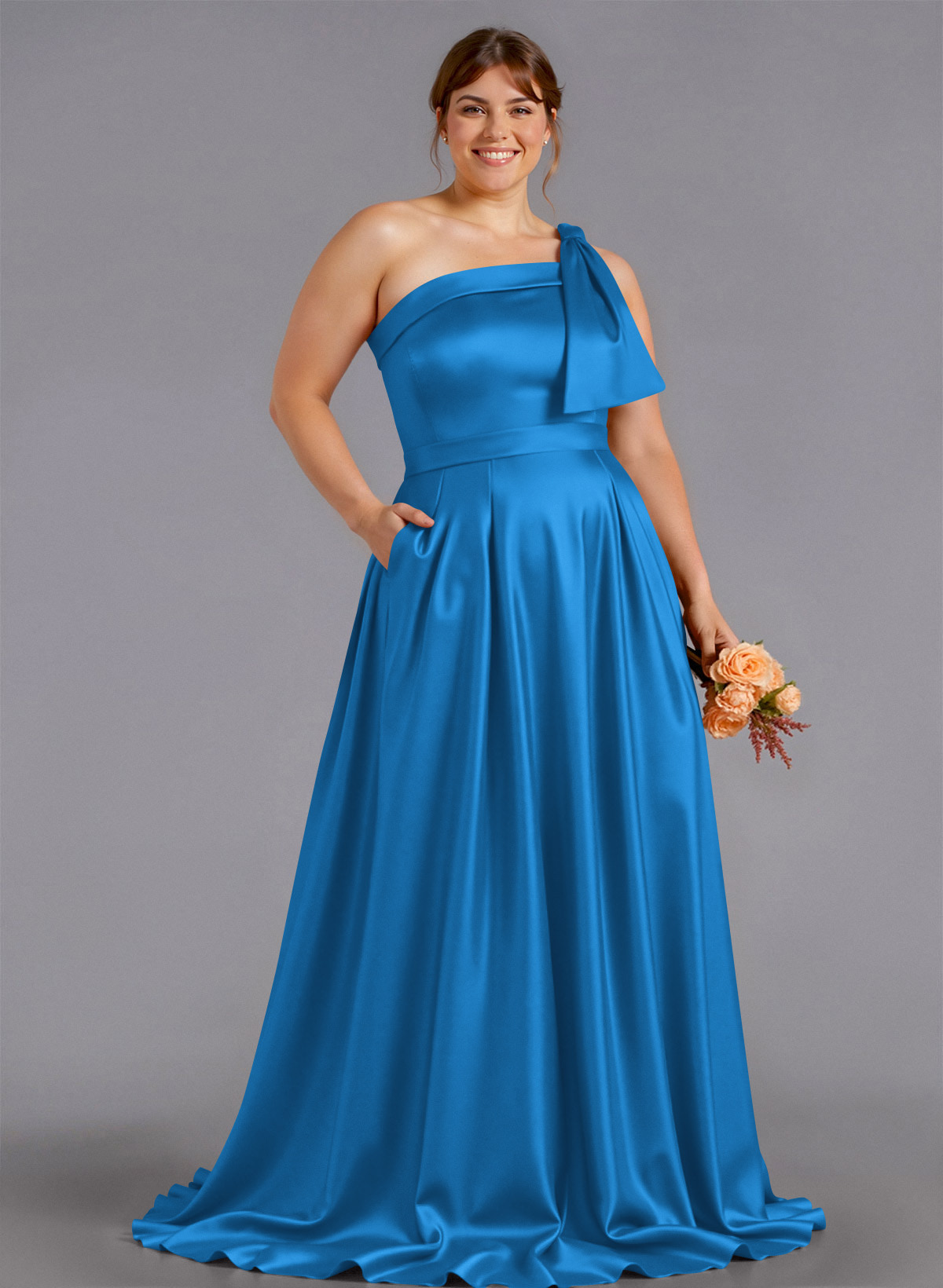Classy Bow(s) One-Shoulder A-Line Sweep Train Satin Bridesmaid Dresses With Pockets, product image 258