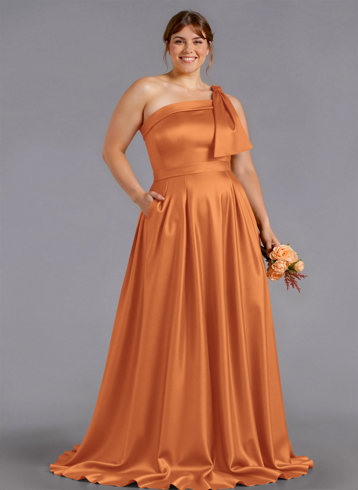 Classy Bow(s) One-Shoulder A-Line Sweep Train Satin Bridesmaid Dresses With Pockets, product image 174