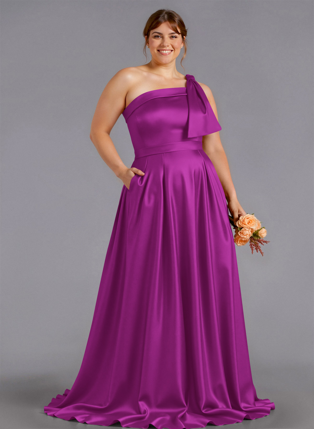 Classy Bow(s) One-Shoulder A-Line Sweep Train Satin Bridesmaid Dresses With Pockets, product image 204
