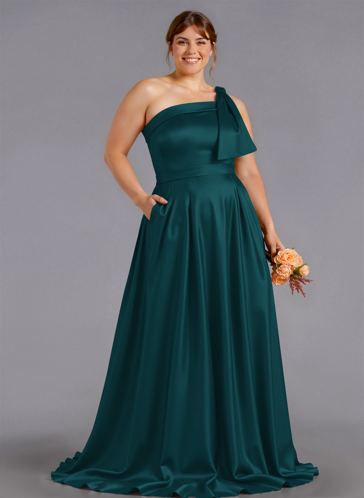 Classy Bow(s) One-Shoulder A-Line Sweep Train Satin Bridesmaid Dresses With Pockets, product image 194