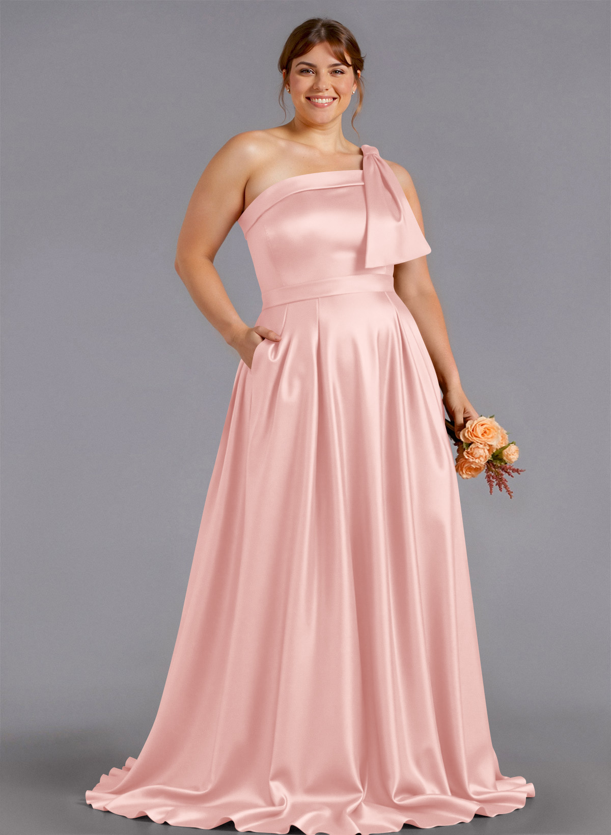 Classy Bow(s) One-Shoulder A-Line Sweep Train Satin Bridesmaid Dresses With Pockets, product image 232